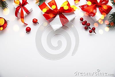 Merry Christmas and Happy Holidays greeting card, frame, banner. New Year. Noel. Christmas gifts and red decor on white background Stock Photo