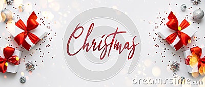 Merry Christmas and Happy Holidays greeting card, frame, banner. New Year. Noel. Christmas gifts and silver, red decor on white Stock Photo