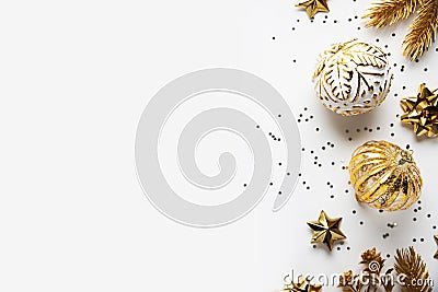 Merry Christmas and Happy Holidays greeting card, frame, banner. New Year. Noel. Silver and golden decor on white background top Stock Photo