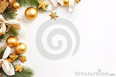 Merry Christmas Happy Holidays greeting card gold baubles and stars with white bows on the white background Generative AI Stock Photo