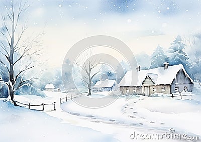 Merry Christmas and Happy Holidays, watercolour printable art print, English countryside cottage as snow winter holiday Christmas Stock Photo