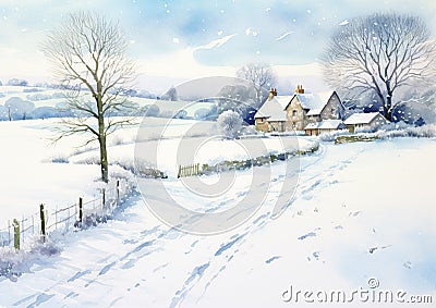 Merry Christmas and Happy Holidays, watercolour printable art print, English countryside cottage as snow winter holiday Christmas Stock Photo