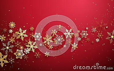 Merry Christmas and Happy new year. Abstract gold snowflakes on red background Vector Illustration