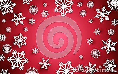 Merry Christmas and Happy new year. Abstract snowflakes with white frame on red background Vector Illustration