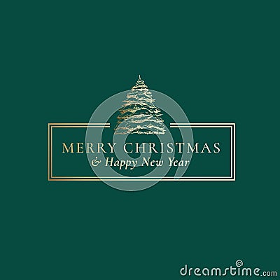 Merry Christmas and Happy New Year Abstract Vector Classy Frame Label, Sign or Card Template. Hand Drawn Pine Tree under Vector Illustration