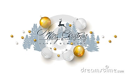 2019 Merry Christmas and Happy New year background with Christmas balls and silhouettes forest trees.Vector illustration for holid Cartoon Illustration