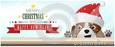 Merry Christmas and Happy New Year background with beagle dog looking at empty table top Vector Illustration