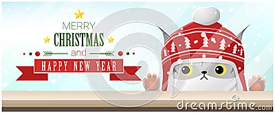 Merry Christmas and Happy New Year background with cat looking at empty table top Vector Illustration