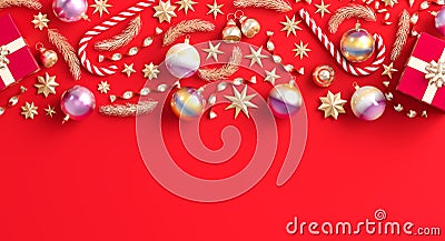 Merry Christmas and happy new year background. Christmas ornaments and gift boxes on red background. 3D illustration Cartoon Illustration