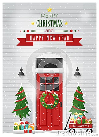 Merry Christmas and Happy New Year background with decorated Christmas front door Vector Illustration