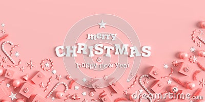 Merry Christmas and happy new year background. Christmas background design with ornaments on coral pink background. 3D Cartoon Illustration