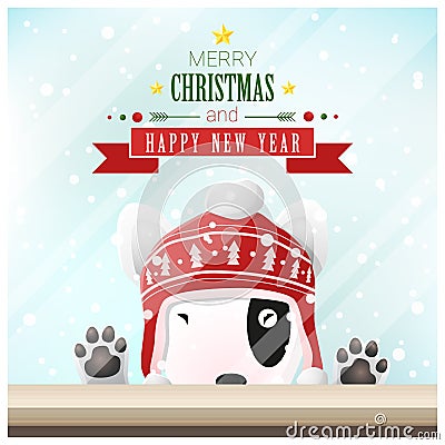 Merry Christmas and Happy New Year background with dog standing behind window Vector Illustration