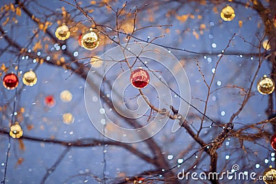 Merry Christmas and happy New Year background, festive street decorations Stock Photo