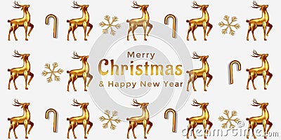 merry christmas and happy new year background. golden deer, gold snowflake, and golden candy. luxury christmas design Vector Illustration