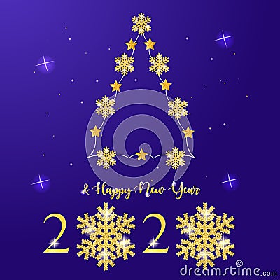 Merry Christmas and Happy New Year 2020 background with golden text shiny snowflakes Cartoon Illustration