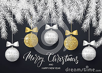 Merry Christmas and Happy New Year background for holiday greeting card, invitation, party flyer, poster, banner. Silver Vector Illustration