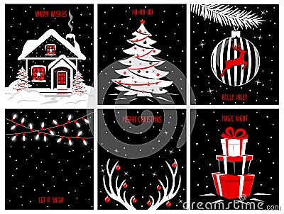 Merry Christmas and Happy New Year background posters, greeting cards templates with night evening scenes Vector Illustration