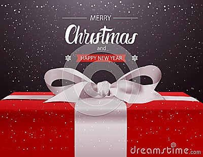 Merry Christmas And Happy New Year Background Red Gift Box With White Ribbon Bow Holiday Greeting Card Design Vector Illustration