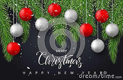 Merry Christmas and Happy New Year background with red and silver balls,tree branches and confetti. Holiday greeting Vector Illustration