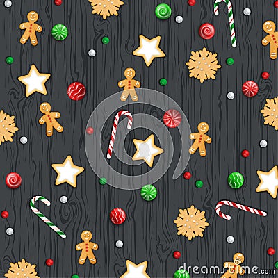 Merry Christmas and Happy New Year Background. Winter traditional sweets, biscuit, cookie, lollipops, candies, candy cane Vector Illustration