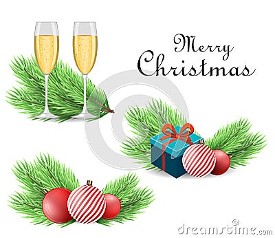 Merry Christmas and Happy New Year backgrounds. Realistic Christmas tree branch and accessories. Vector Illustration