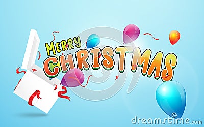 Merry Christmas and Happy New Year banner. Open white gift box and Merry christmas calligraphy with colorful balloons, confetti Vector Illustration