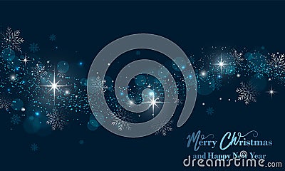 Merry Christmas and Happy New Year banner with stars, glitter and snowflakes. Vector background. Vector Illustration