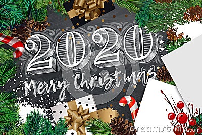 2020 Merry Christmas and Happy New Year banner with white list, fir branches, gifts, candy and confetti. Top view illustration. Cartoon Illustration