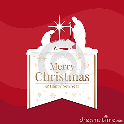 Merry Christmas and happy new year banner with white mary and joseph in a manger with baby Jesus and star light top up white gold Vector Illustration