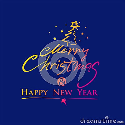 Merry Christmas & Happy New Year. Bright horizontal inscription on dark blue background. Stock Photo