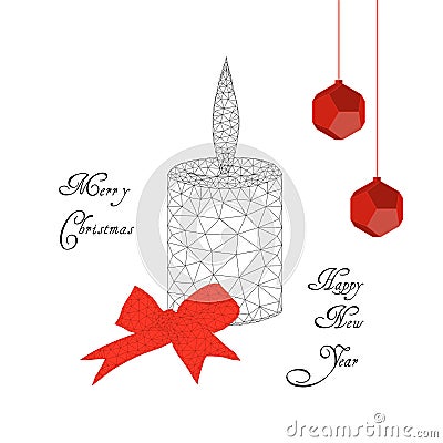 Merry Christmas and Happy New Year card with burning candle, ribbon, bow, decoration balls and text Cartoon Illustration