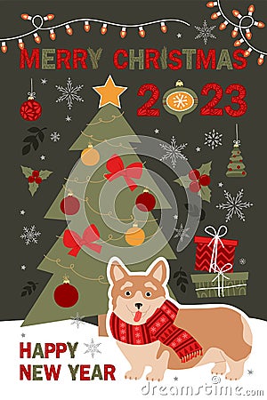 Merry Christmas and Happy New Year card with corgi dog with different winter elements. Vector Illustration