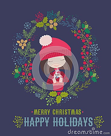 Merry Christmas and Happy New Year Card with cute little girl Vector Illustration