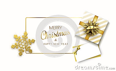 Merry Christmas and Happy New Year card with gift and golden sno Vector Illustration