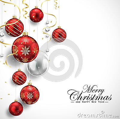 Merry Christmas and Happy New Year card with red balls and gold streamers Vector Illustration