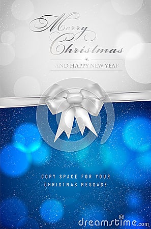 Christmas card with silver bow and shiny blurred bokeh circles Cartoon Illustration