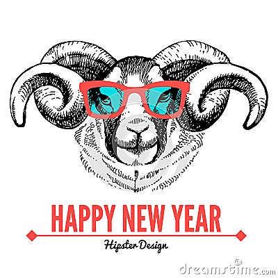 Merry Christmas and Happy New Year card with sketch portrait of hipster sheep. Hand drawn vector illustration Vector Illustration