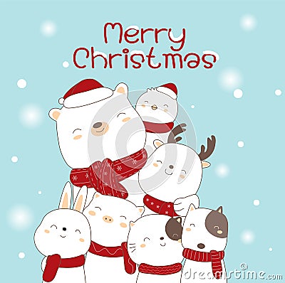 Merry christmas happy new year cartoon hand drawn style.vector Vector Illustration