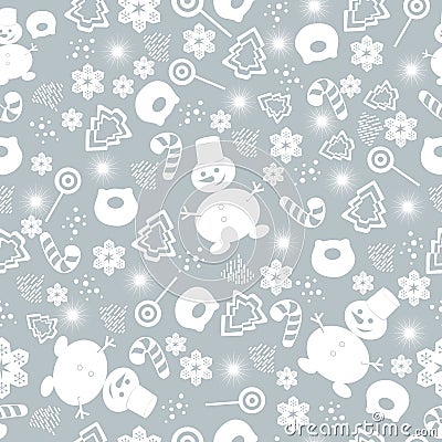 Merry Christmas and Happy New Year. Christmas seamless pattern with new year tree, snowflakes, sweets, snowman. Vector Illustration