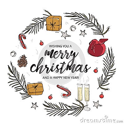 Merry Christmas and Happy New Year circle concept. Christmas greeting card with calligraphy, gift, fir branch, champagne, stars, Stock Photo