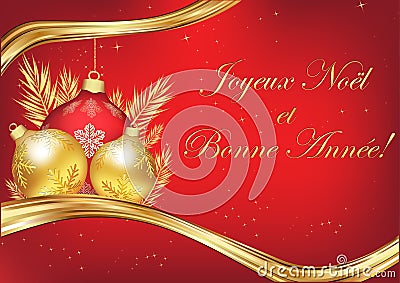 Merry Christmas and Happy New Year - classic French greeting card with red background Stock Photo