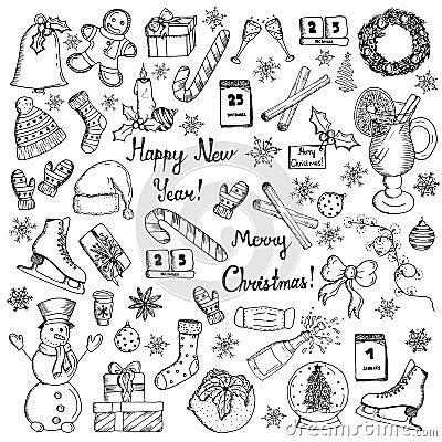 Merry christmas and happy new year collection. Spices, hat, skates, mulled wine, candle, greeting, snowman, gifts, bell, Vector Illustration