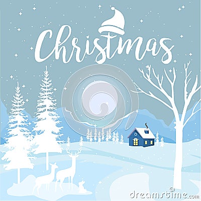 Merry Christmas and Happy New Year with cottage and snowflakes on Blue background, Christmas advertising concept. design vector wi Vector Illustration