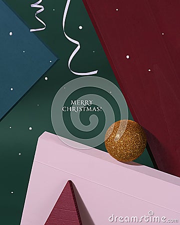 Merry Christmas and Happy New Year. Creative Xmas design objects. Ð¡hristmas glitter toy, white tape and falling snow. Red, green Stock Photo