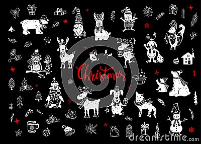 Merry christmas and happy new year cute funny hand drawn doodles animals silhouettes collection Vector Illustration