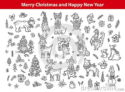 Merry christmas and happy new year cute funny hand drawn outlined doodles animals Vector Illustration