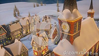 Merry Christmas and Happy New Year 3d rendering. European town with illuminated outdoor christmas tree on its square and houses at Stock Photo