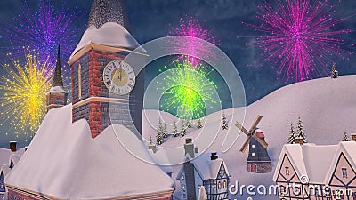 Merry Christmas and Happy New Year 3d rendering. European town with illuminated outdoor christmas tree on its square and houses at Stock Photo