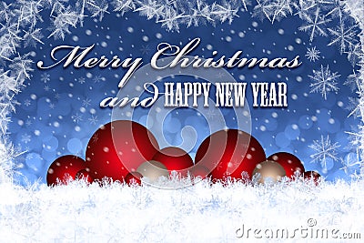 Merry Christmas and Happy New Year decoration with snow background. Greeting card Stock Photo