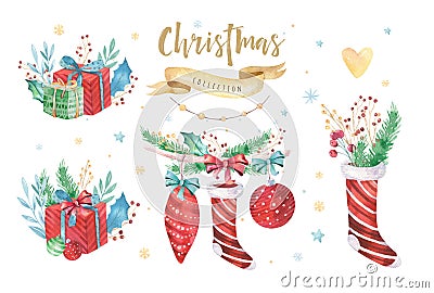 Merry Christmas and Happy New Year 2019 decoration winter set. Watercolor holiday background. Xmas element card Stock Photo